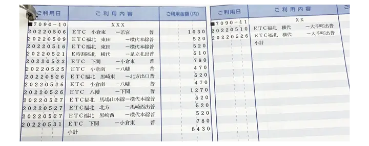 ETCカードの利用明細書